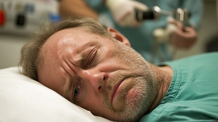 A man lies in a hospital bed, his face contorted in pain, as a medical professional tends to him in the background.