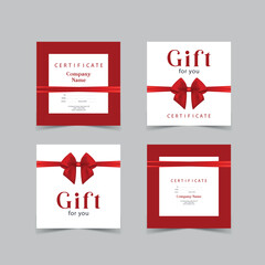Gift card template with realistic red bow. Certificate, coupon, flyer design. Discount card for shop or boutique. Vector illustration
