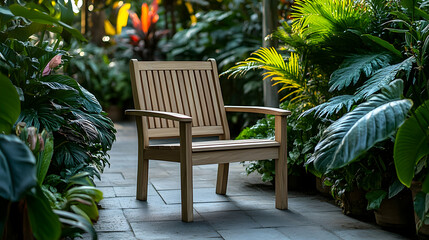 Obraz premium Wooden chair amidst lush green plants.