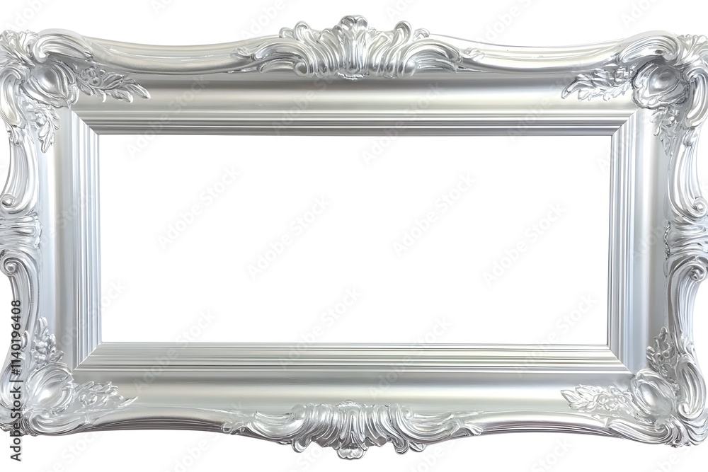 Poster a decorative silver picture frame with intricate detailing and an empty center for artwork display.