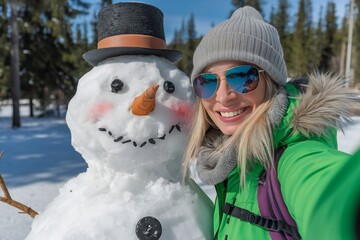 Happy woman taking selfie with snowman on a sunny winter day in snowy forest