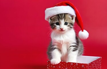 Lovely adorable cute kitten cat wearing santa red hat with pile of gift boxes on red background - for Christmas holiday celebration festive year-end joyful party