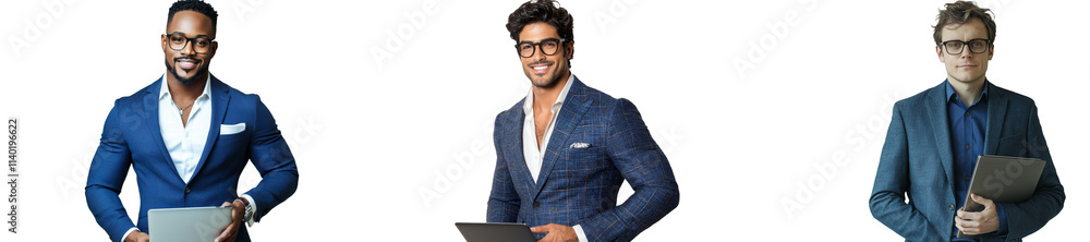 Poster with an open laptop in hand, a young businessman in a blue suit smiles as he surfs the internet and 