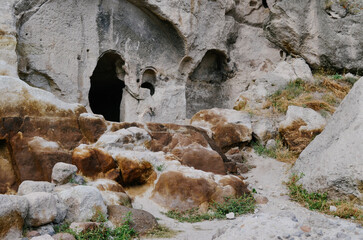 View of Vardzia caves. Vardzia is a cave monastery site in southern Georgia, excavated from the slopes of the Erusheti Mountain on the left bank of the Kura River. Travel for tourists