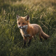 Fototapeta premium A cute baby fox playing in a field of tall grass.