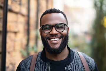 Portrait of smiling young african american man wearing eyeglasses outdoors