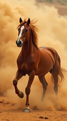 Obraz premium Majestic Chestnut Horse Running in Desert with Dramatic Dusty Background