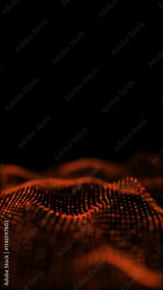 Poster orange glowing circles particles wave at the bottom on a black abstract background, bokeh effect, ve