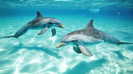 Naklejka premium Two dolphins swimming in clear turquoise ocean water.
