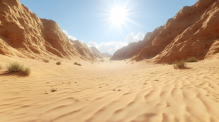 Desert landscape with sun and mountains.
