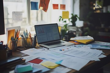 Naklejka premium Creative workspace with financial documents and digital tools for data analysis 