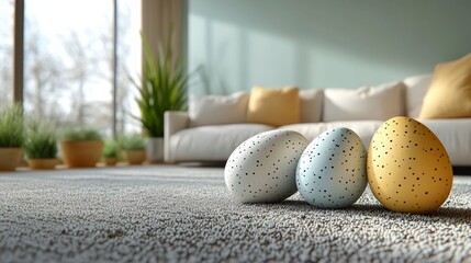 Minimalist Easter Day background . The scene features a soft pastel-colored with various Easter-related items such as decorated eggs, a small bunny figurine, and a few spring flowers