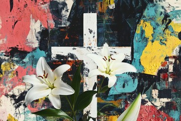 Fototapeta premium A contemporary collage featuring the cross, lilies, and cultural Easter elements