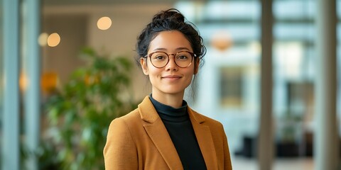 Portrait of a female actuary standing in a corporate finance office, smiling, portrait shot, standing,
