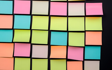 Colorful sticky notes arranged in a grid, glowing faintly in pastel shades, set against a deep black backdrop