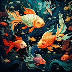 Fototapeta premium This illustration features vibrant colors in a detailed underwater scene. Goldfish swim gracefully, creating a harmonious composition with aquatic plants that enhance depth and visual appeal.