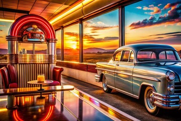 50s Retro Diner Double Exposure Photography: Vintage Diner, Retro Cafe, Classic Cars, Jukebox, Milkshake, Soda Fountain, 1950s Nostalgia
