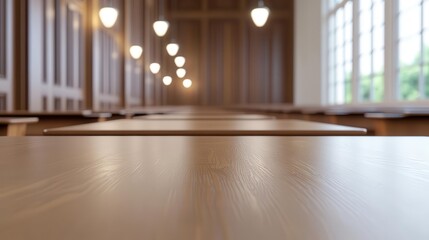 Fototapeta premium Silent study hall with individual desks, vintage lighting fixtures, no people, embodies the essence of academic dedication.
