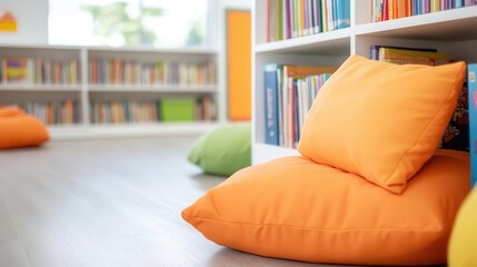 Vibrant classroom with a reading corner, empty beanbags, shelves filled with books, open and inclusive learning environment.