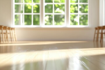 Fototapeta premium Soft blur of a clean school classroom, sunlight streaming through windows, desks and chairs in orderly rows, calm and prepared