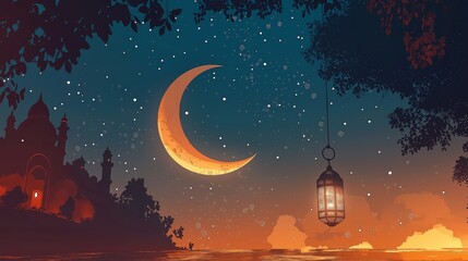 Fototapeta premium Ramadan Mubarak Islamic greeting illustration with crescent and lantern at starry night