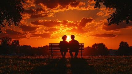 Silhouetted couple sitting on a bench against a vibrant sunset backdrop.