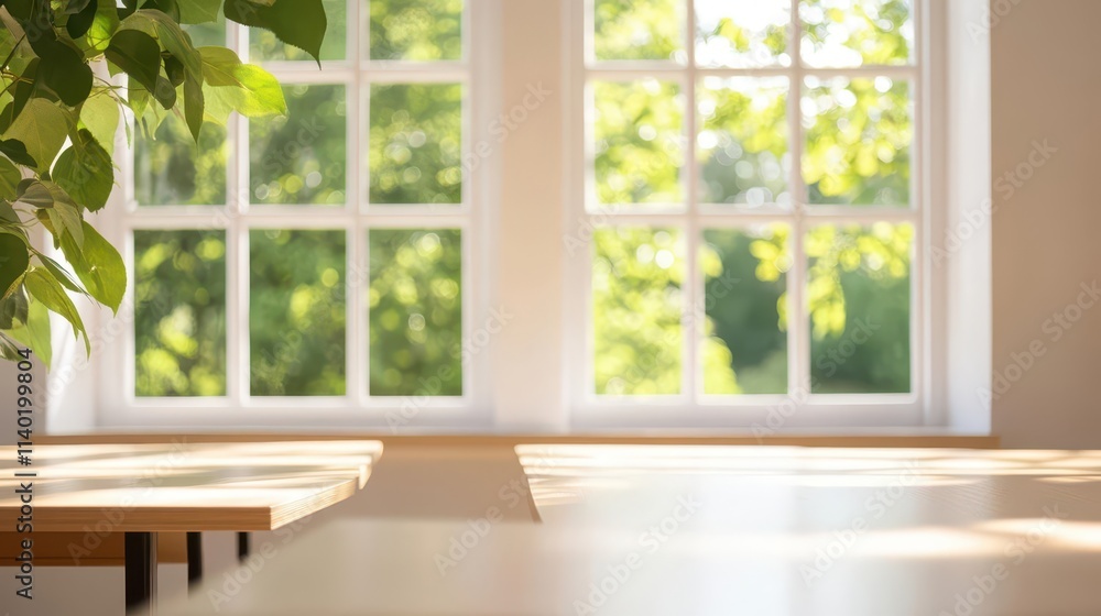 Poster a perspective shot of classroom windows casting patterns of sunlight on empty desks, creating a peac
