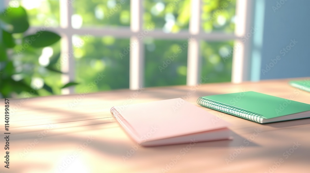 Poster high-angle view of a classroom with open notebooks on desks, abandoned after study hours, warm eveni