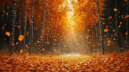 Vibrant Autumnal Forest with Cascading Leaves and Soft Breeze