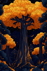 A vibrant, stylized tree with orange foliage.