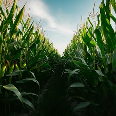 Obraz premium Golden Sunrise Over a Lush Cornfield Path