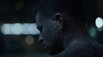 A young man with a web-like pattern covering his face and body stands against a dark background with blurry lights.
