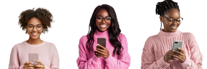 A snapshot of a stunned but pleased African girl with a wow look, holding a phone, impressed by a commercial advertisement, isolated.