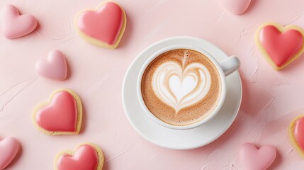 Cup of cappuccino with heart shaped latte art and heart shaped cookies with pink icing on soft pastel pink, Valentine's Day, love and romantic concepts.