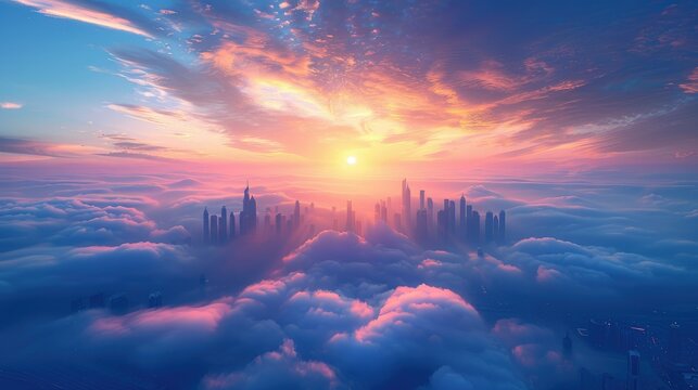 A breathtaking sunrise over a futuristic cityscape shrouded in clouds.