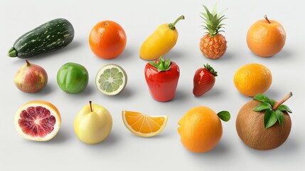 A collection of fresh fruit on a white background.