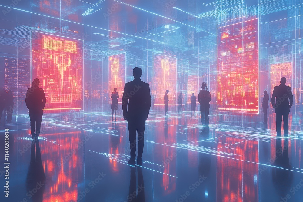 Poster futuristic digital environment with silhouettes exploring data displays.