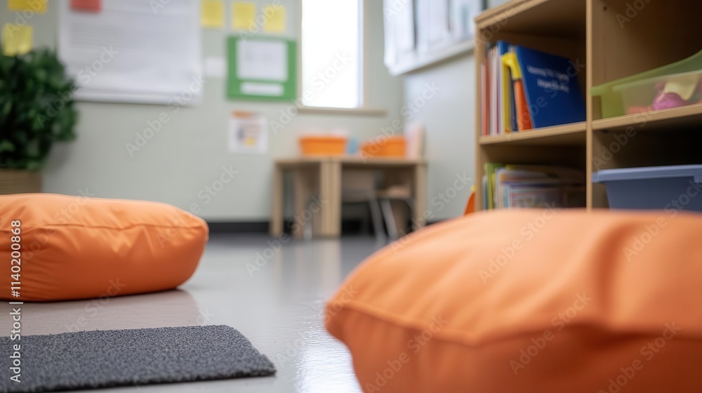 Poster blurry image of a classroom setup with beanbags and a reading area in the corner.