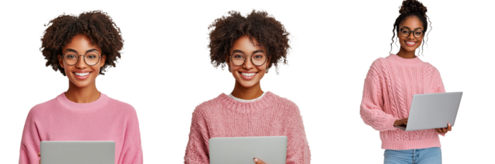 A studio shot of a smiling African American teen girl, participating in an online course, looking at the camera while holding a laptop.