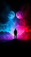 Fototapeta premium Lone Astronaut on an Alien Planet with Colorful Terrain and Glowing Flora 