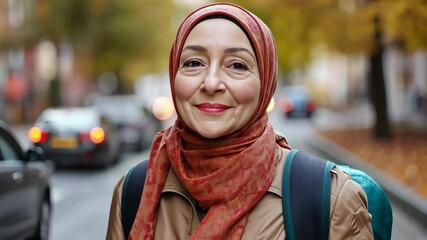 Woman wearing a headscarf smiles on a bustling city street during autumn season with colorful leaves