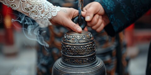 Two hands hold an ornate incense burner emitting soft smoke, capturing a delicate moment of spirituality and cultural tradition.