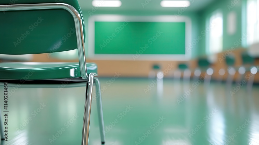 Poster in the blurred view of a quiet classroom, the green chalkboard and empty student chairs create a ser