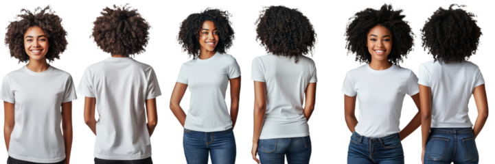 A dual view of an African American girl in a plain t-shirt, with space for text, from the front and back.