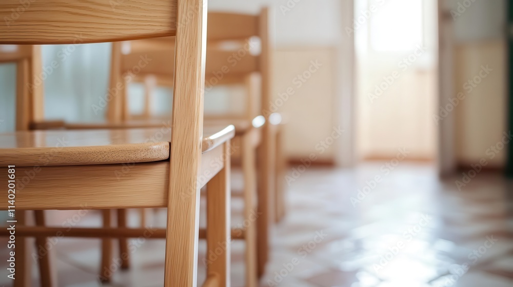 Poster blurred perspective of a traditional classroom with wooden chairs and an open doorway, creating an i