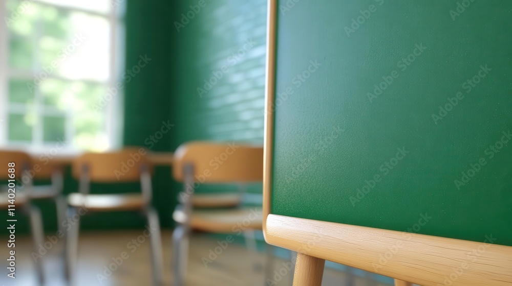 Poster blurred view of a quiet classroom with a green chalkboard and empty student chairs.
