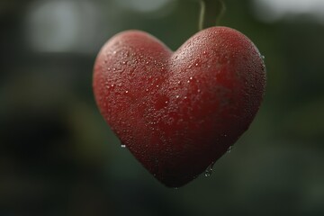 A red heart-shaped object covered in water droplets hangs from a branch.