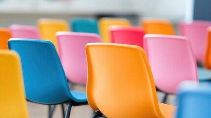 Blurred perspective of a spacious classroom with vibrant seating options creates an inviting learning environment.