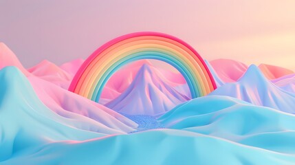 A vibrant rainbow arches over a landscape of soft, pastel-colored hills.