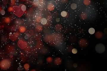 Red hearts float in a dark, bokeh background with a dreamy, romantic feel.